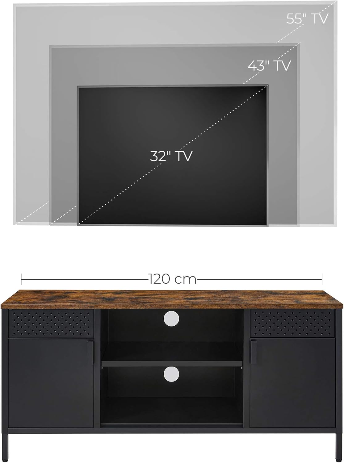 SONGMICS TV-szekrény 120×40×55 cm, 3 állítható polccal, 2 ajtóval, vintage stílus, forgácslap és acél, matt barna–fekete - Image 4
