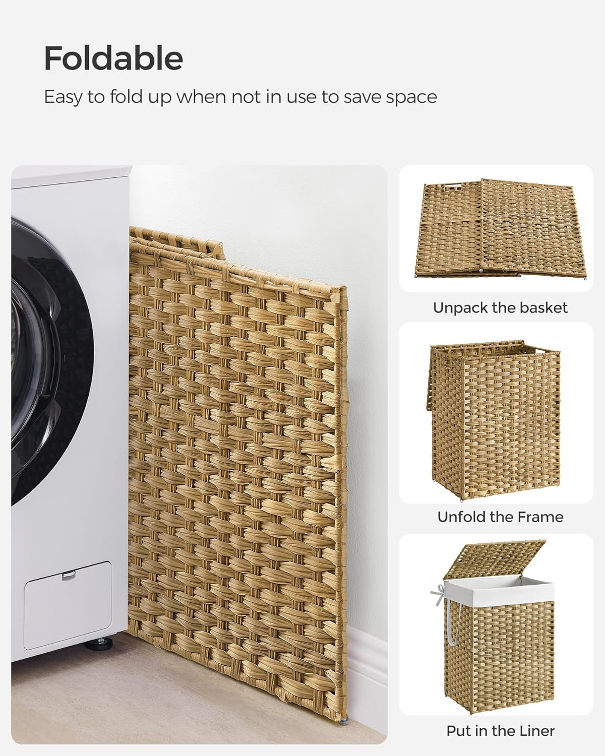 SONGMICS szennyeskosár fedéllel, szintetikus rattan és levehető belső zsák, 90 l, 46x33x60 cm, natúr - Image 5