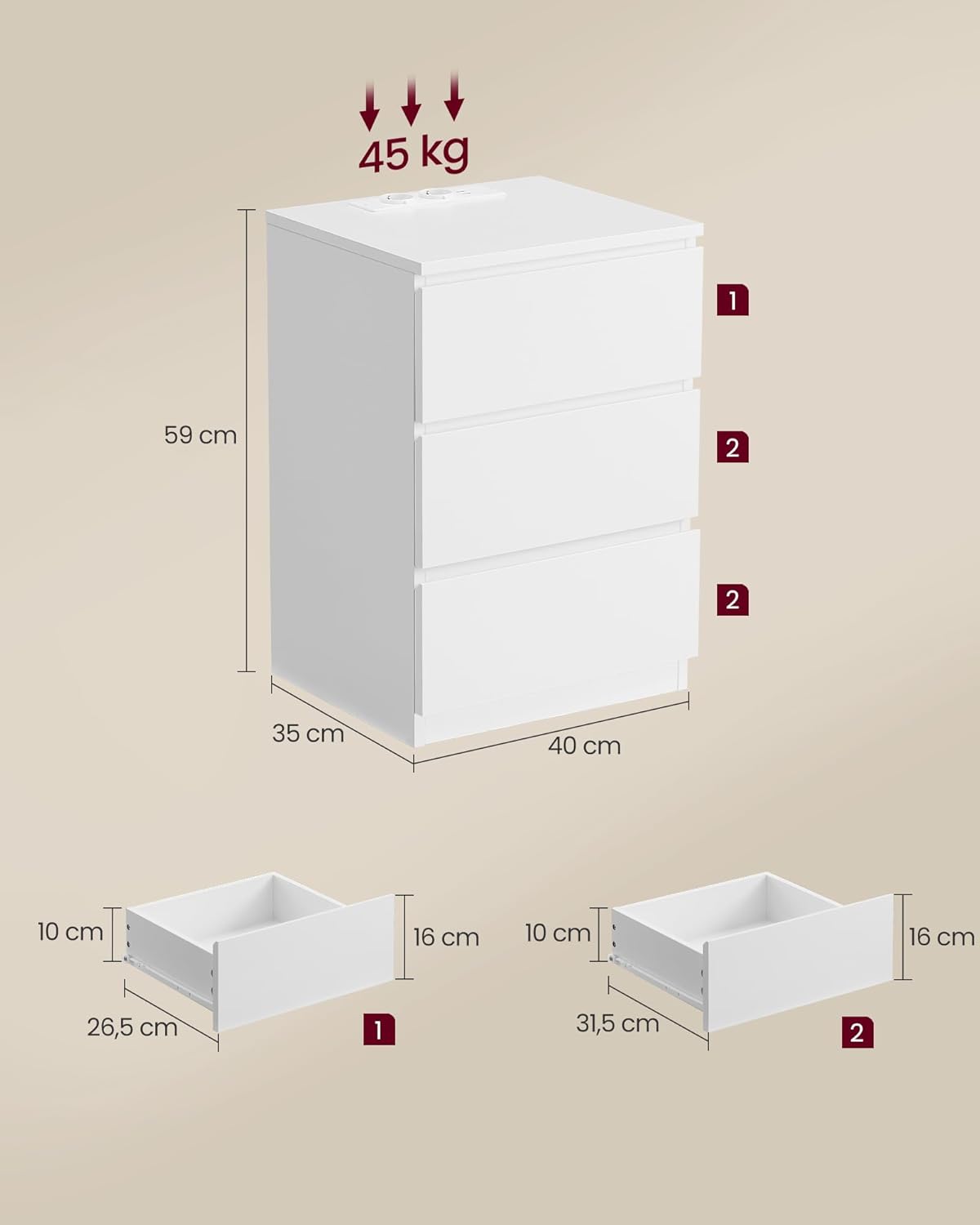 VASAGLE éjjeliszekrény 3 fiókkal, forgácslapból, 2 konnektorral és 2 USB-porttal, 40x35x59 cm, fehér - Image 2