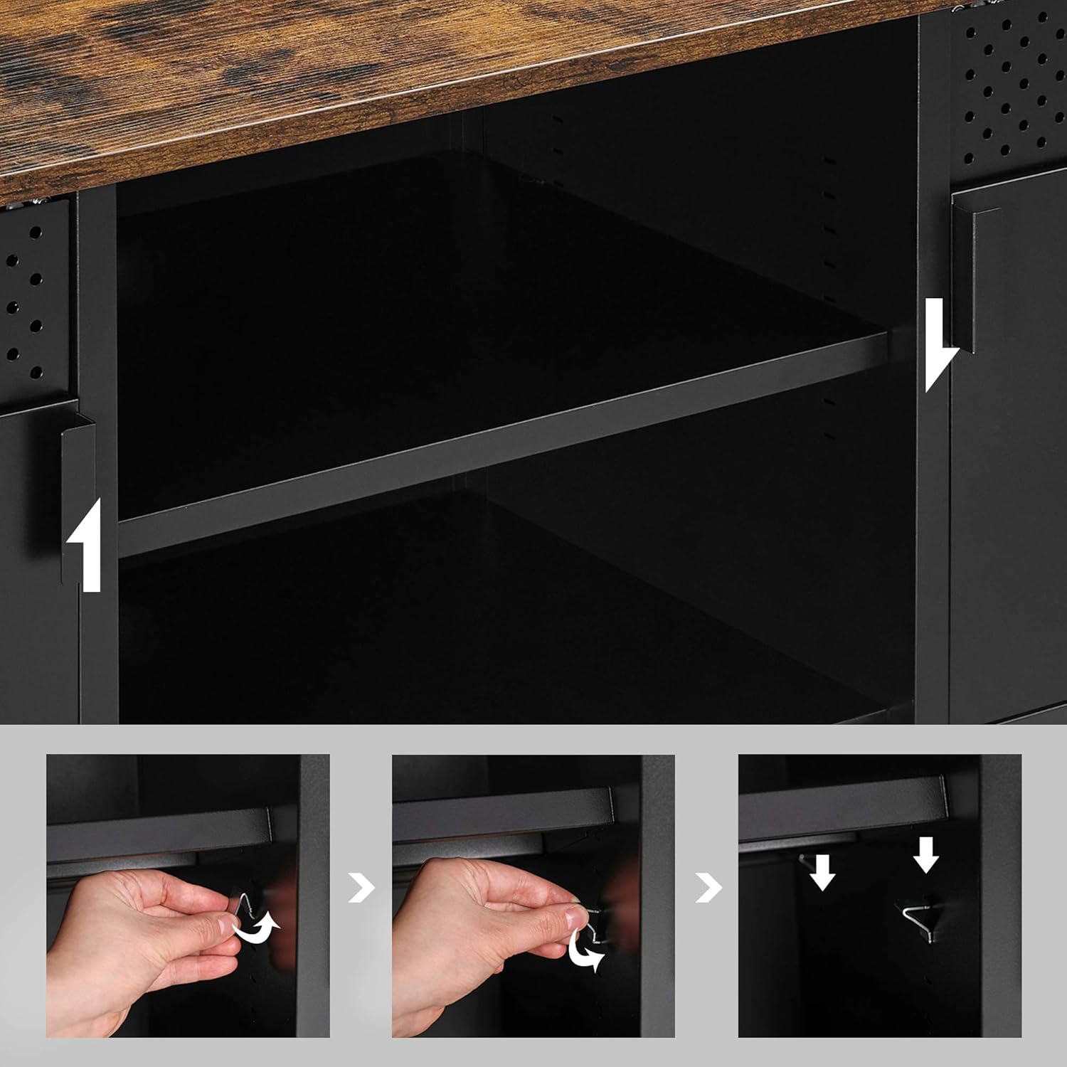 SONGMICS TV-szekrény 120×40×55 cm, 3 állítható polccal, 2 ajtóval, vintage stílus, forgácslap és acél, matt barna–fekete - Image 5