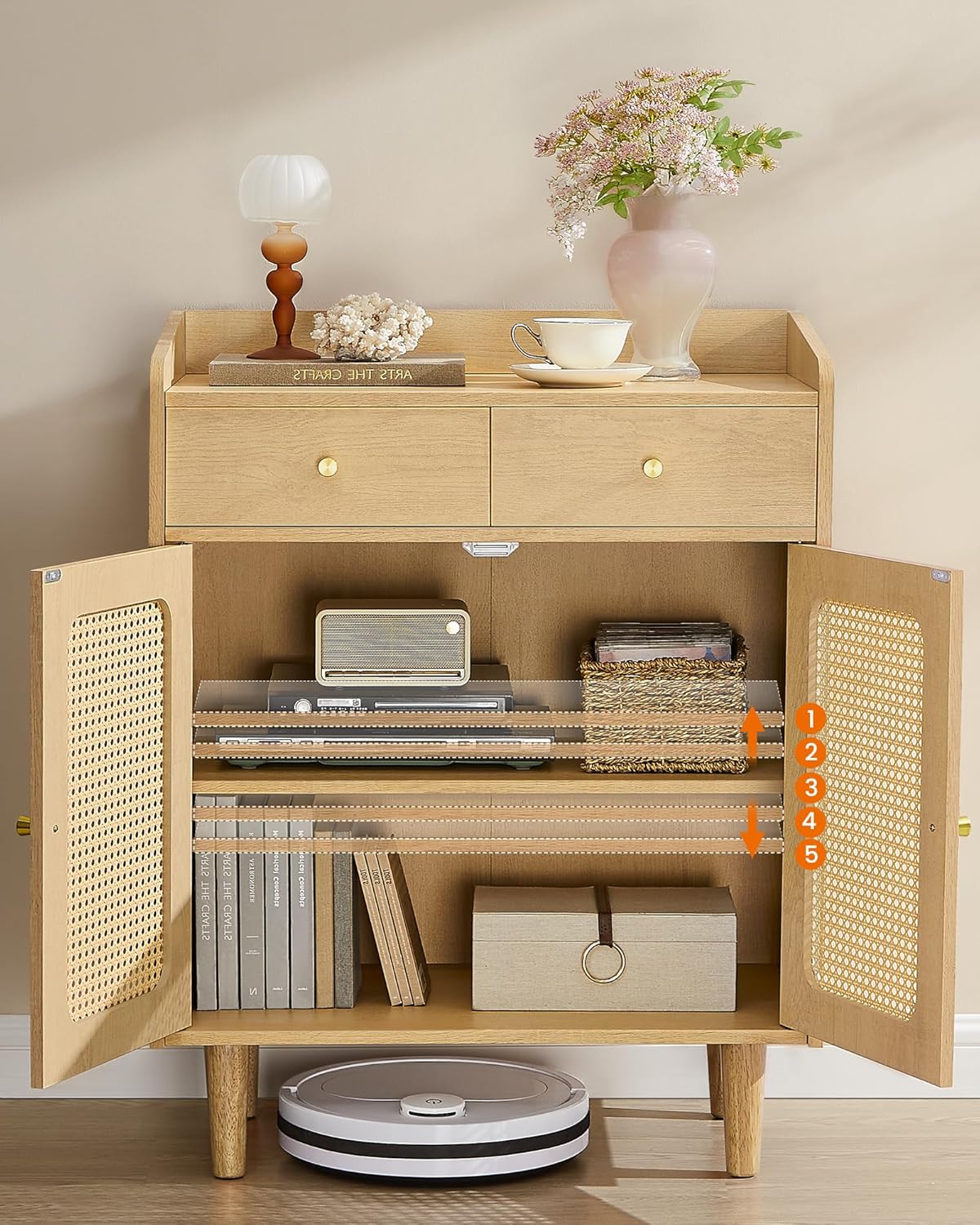 SONGMICS szekrény 70 × 40 × 90 cm, 2 fiókkal, állítható polccal és dupla ajtóval, MDF és tömörfa, boho stílus, bézs tölgy - Image 6