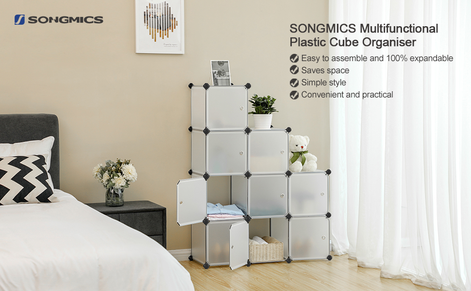SONGMICS moduláris tárolószekrény 9 ajtós kockával, műanyag és fémváz, 93x31x93 cm, fehér - Image 7