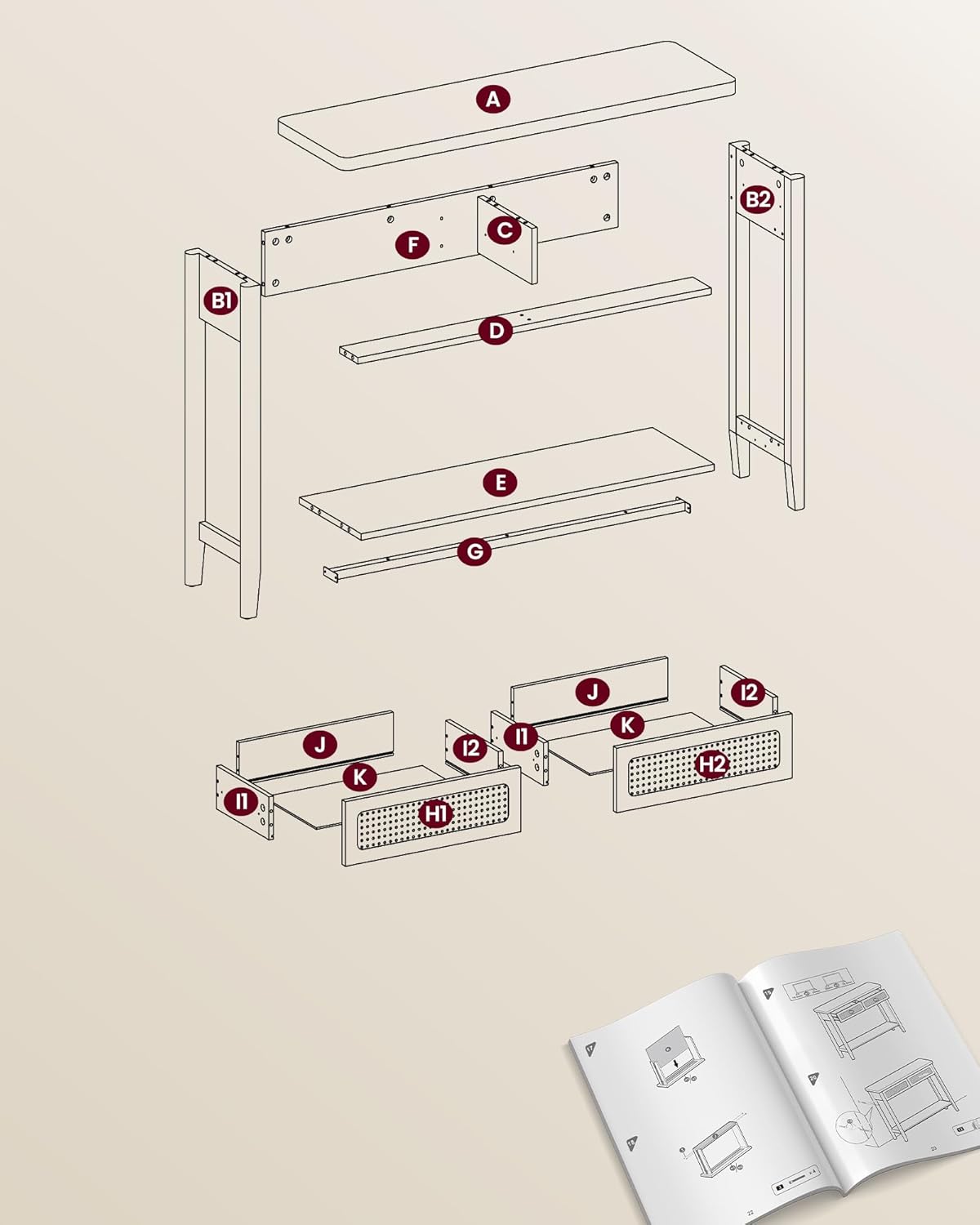 VASAGLE Előszobai konzolasztal, 2 fiókkal, nyitott polccal, lekerekített sarkokkal, bohó stílusban, MDF és PVC rattan, 100x30x80 cm, tölgy–bézs - Image 7