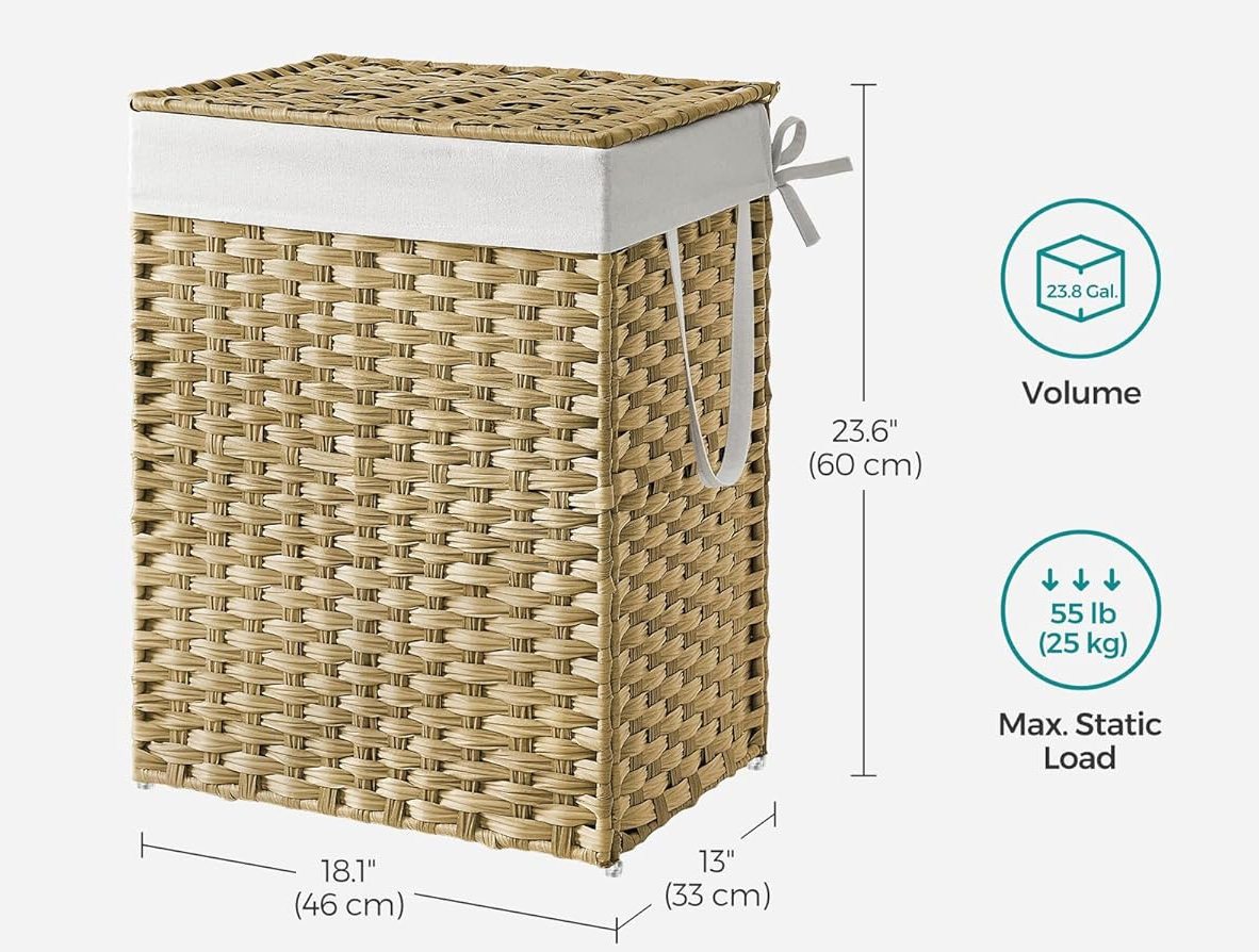 SONGMICS szennyeskosár fedéllel, szintetikus rattan és levehető belső zsák, 90 l, 46x33x60 cm, natúr - Image 7