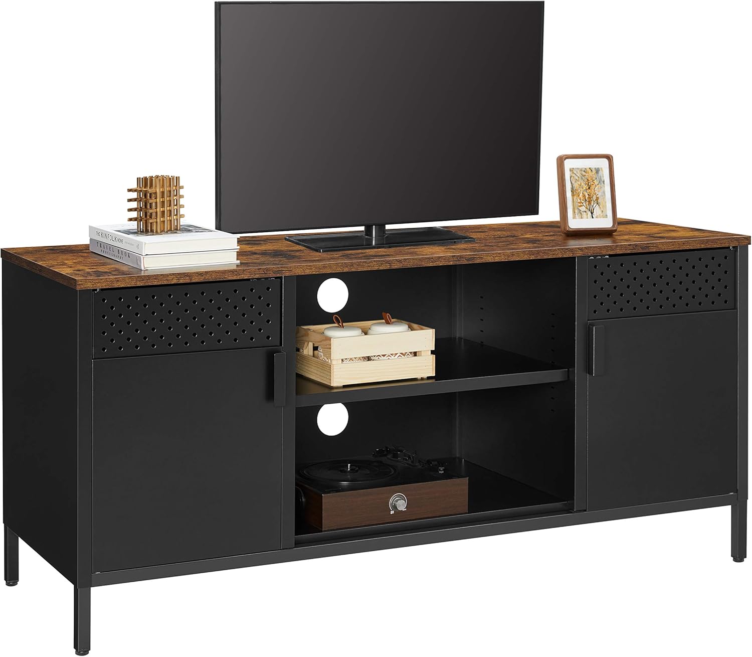 SONGMICS TV-szekrény 120×40×55 cm, 3 állítható polccal, 2 ajtóval, vintage stílus, forgácslap és acél, matt barna–fekete - Image 7