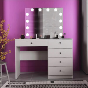 Cristal Full smink- és toalettasztal LED tükörrel és 5 fiókkal, 110x47x77 cm, fehér