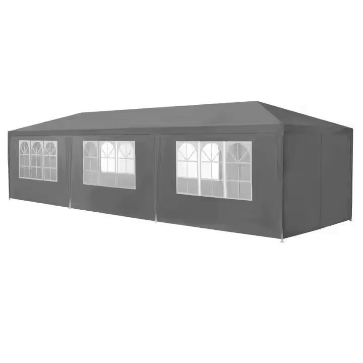 Kerti pavilon, 300x900 cm, 8 levehető oldalfallal, ablakokkal és ajtóval, fém szerkezettel, vízálló PE borítással, szürke