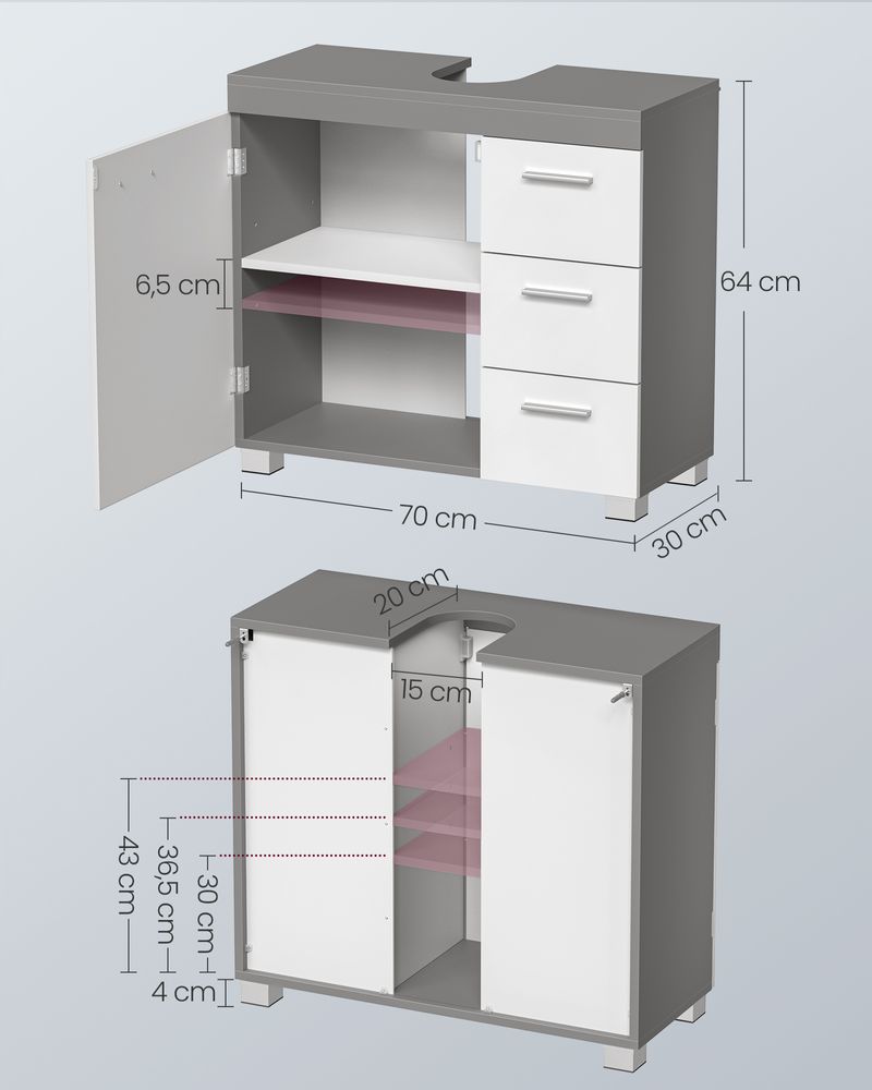 VASAGLE fürdőszobai mosdószekrény 3 fiókkal és 2 rekesszel, MDF, 70x30x64 cm, fehér és szürke - Image 3