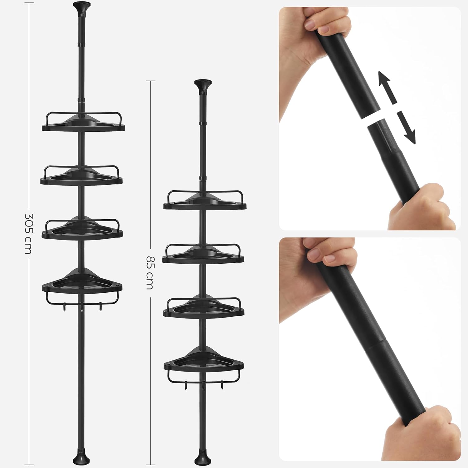 SONGMICS Sarok zuhanypolc 4 polccal, allithato magassag 85–305 cm, acel es PP muanyag, fekete - Image 2