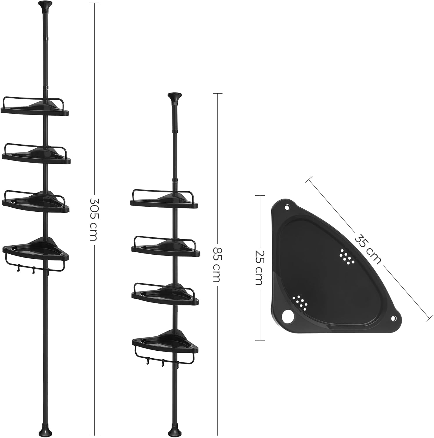 SONGMICS Sarok zuhanypolc 4 polccal, allithato magassag 85–305 cm, acel es PP muanyag, fekete - Image 3