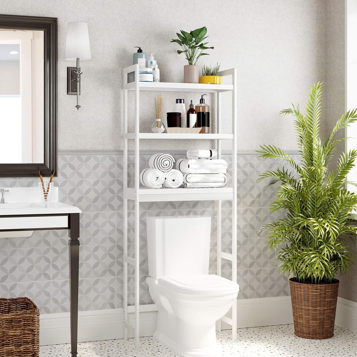 SONGMICS fürdőszobai tárolópolc mosógép vagy WC fölé helyezhető kivitelben, bambuszból, állítható polcokkal, 26x63x163 cm, fehér - Image 5
