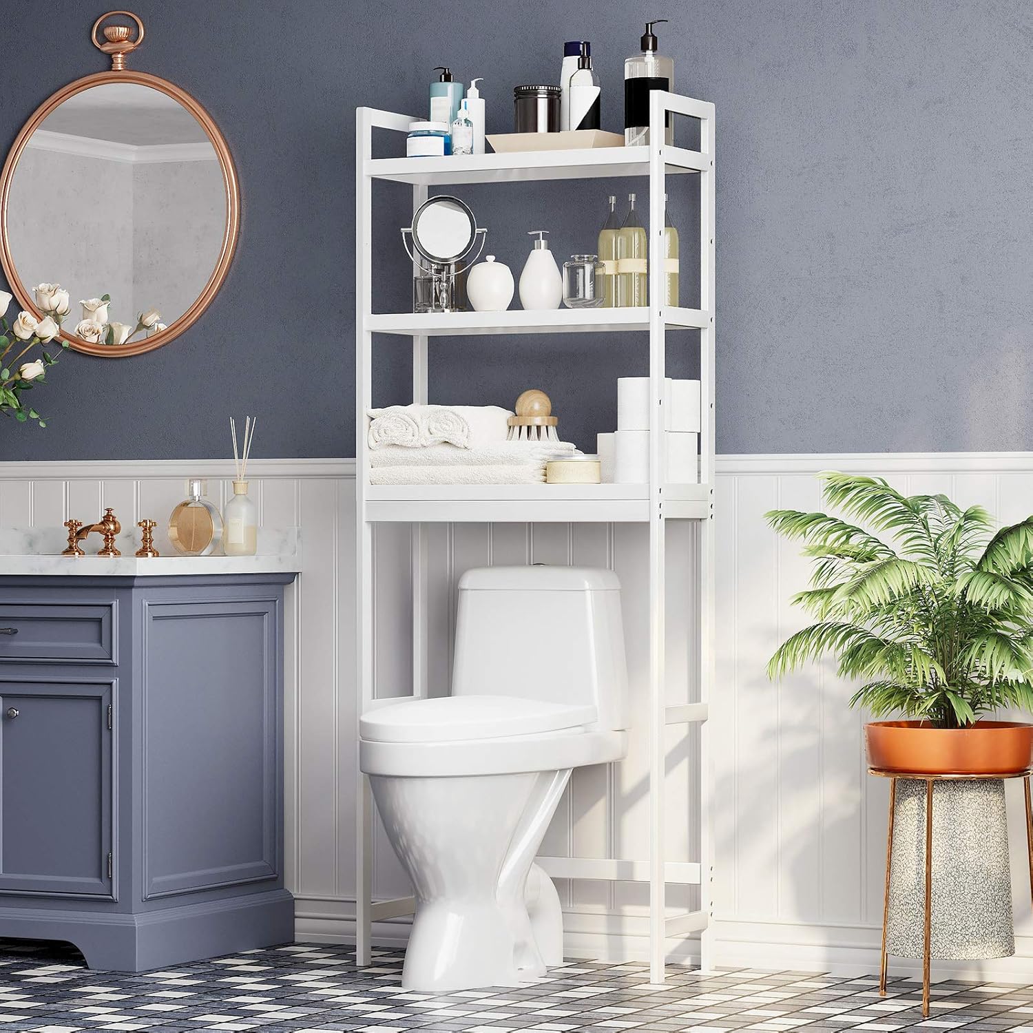 SONGMICS fürdőszobai tárolópolc mosógép vagy WC fölé helyezhető kivitelben, bambuszból, állítható polcokkal, 26x63x163 cm, fehér - Image 6