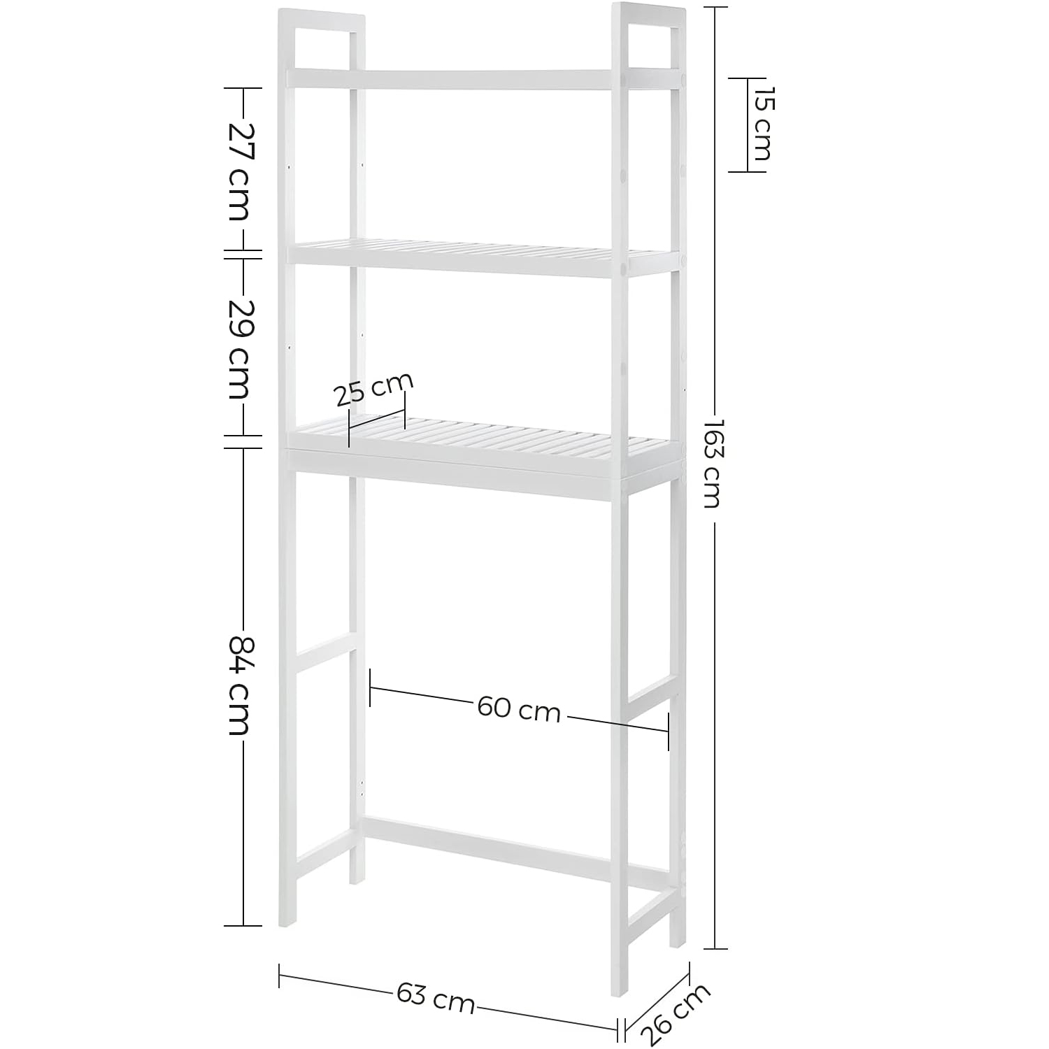 SONGMICS fürdőszobai tárolópolc mosógép vagy WC fölé helyezhető kivitelben, bambuszból, állítható polcokkal, 26x63x163 cm, fehér - Image 7