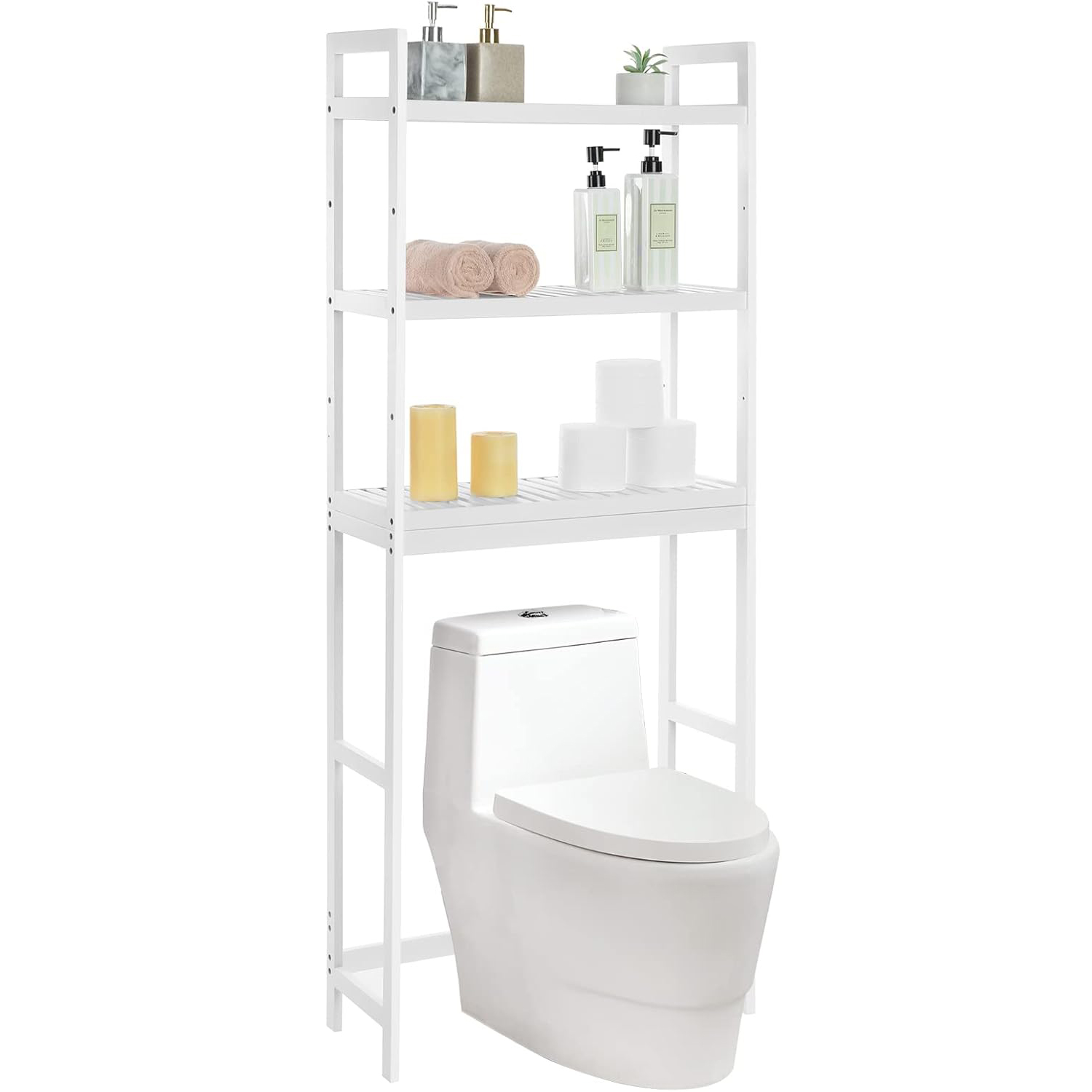 SONGMICS fürdőszobai tárolópolc mosógép vagy WC fölé helyezhető kivitelben, bambuszból, állítható polcokkal, 26x63x163 cm, fehér - Image 8