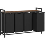VASAGLE Szennyestartó 4x40 l, levehető zsákokkal, felső polccal és fémvázzal, 116x33x72 cm, barna és fekete színű