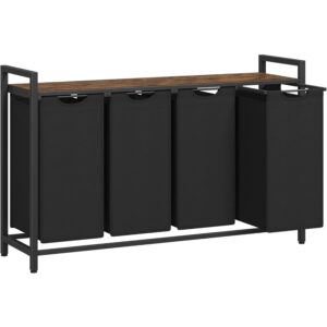 VASAGLE Szennyestartó 4x40 l, levehető zsákokkal, felső polccal és fémvázzal, 116x33x72 cm, barna és fekete színű