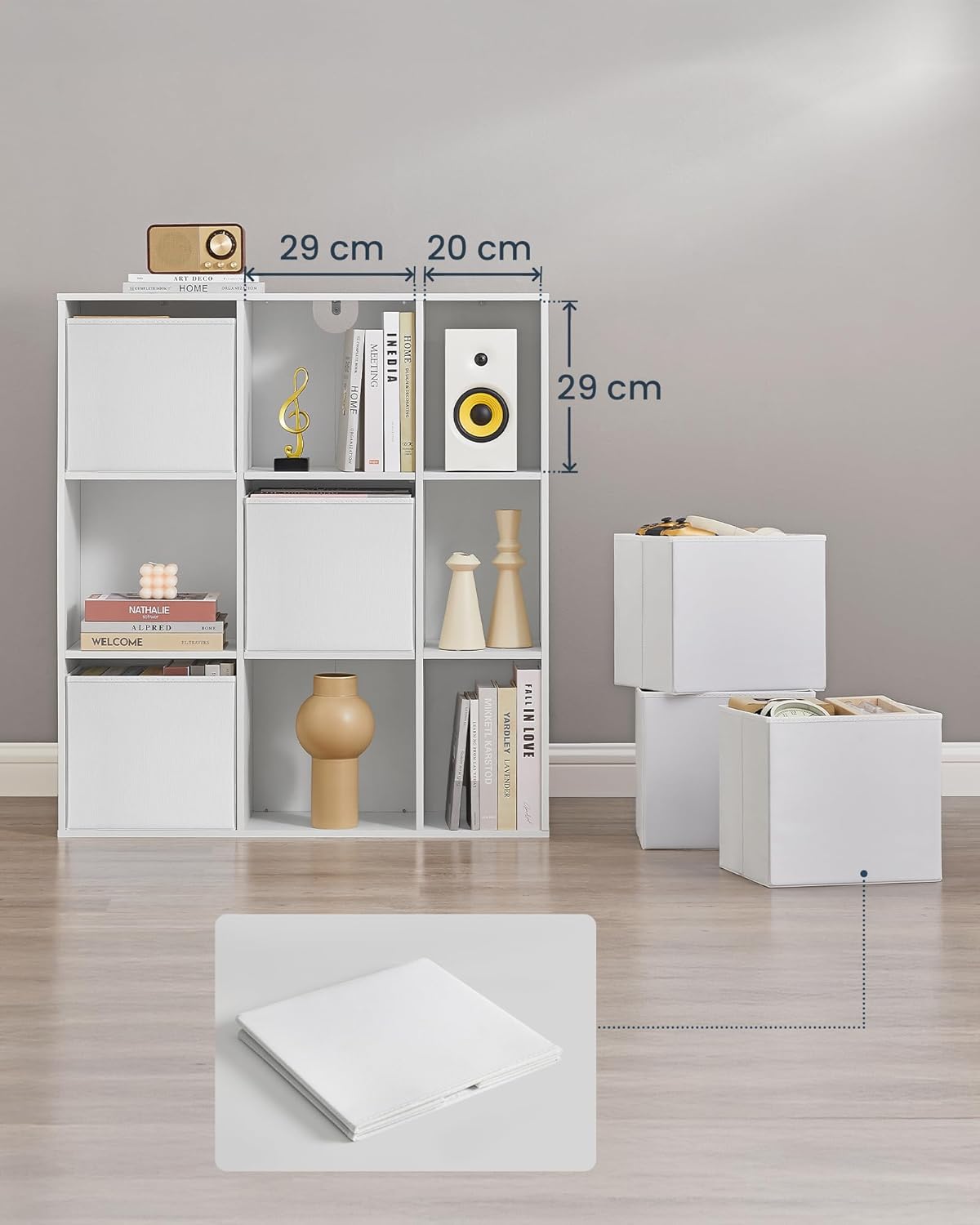 SONGMICS moduláris polcos szekrény 9 rekesszel és 6 fiókkal, forgácslap és MDF, 83x27x92 cm, fehér - Image 4