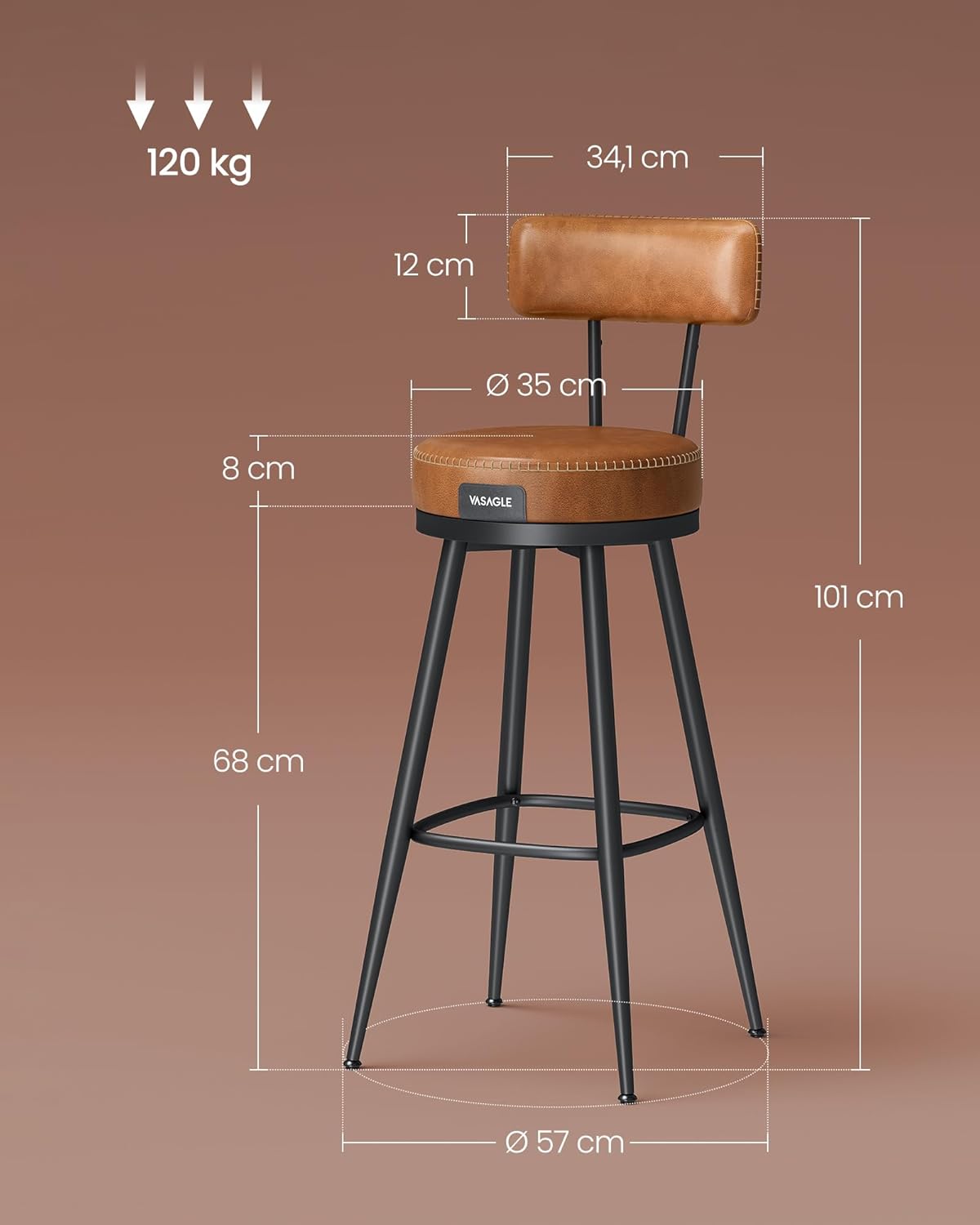 VASAGLE 2 darabos bárszék szett, 360°-ban forgatható, háttámlával, 101 cm magasság, műbőr kárpitozás, acél váz, modern stílus, barna - Image 2