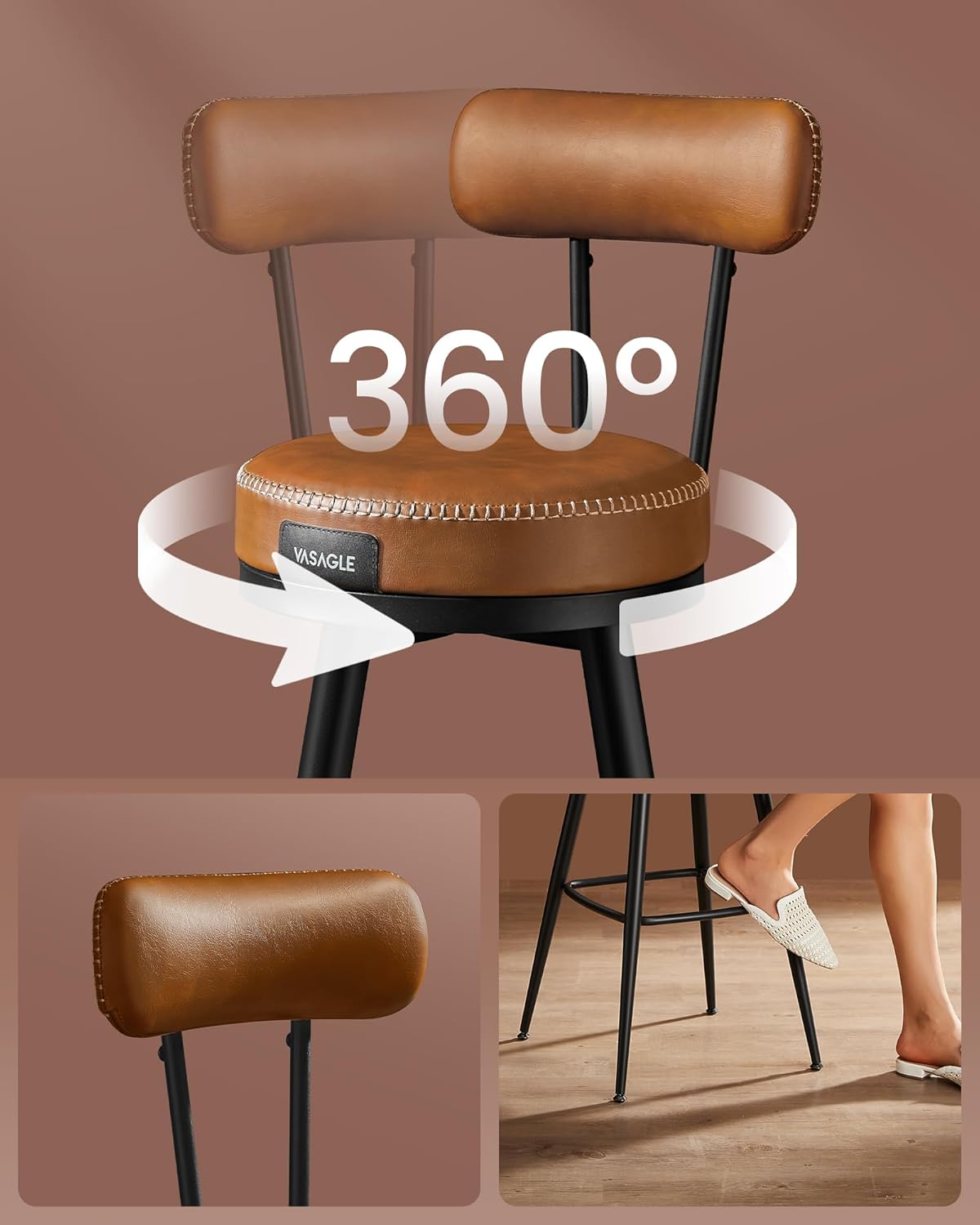VASAGLE 2 darabos bárszék szett, 360°-ban forgatható, háttámlával, 101 cm magasság, műbőr kárpitozás, acél váz, modern stílus, barna - Image 3