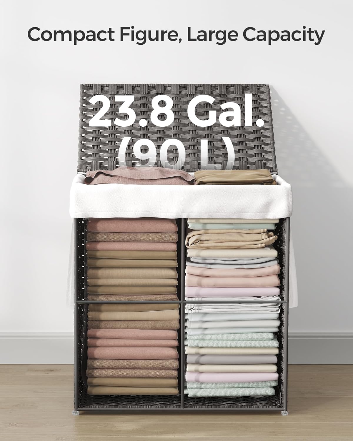 SONGMICS szennyestartó kosár fedéllel, szintetikus rattanból, kivehető zsákkal, 90 L, 46x33x60 cm, szürke - Image 3