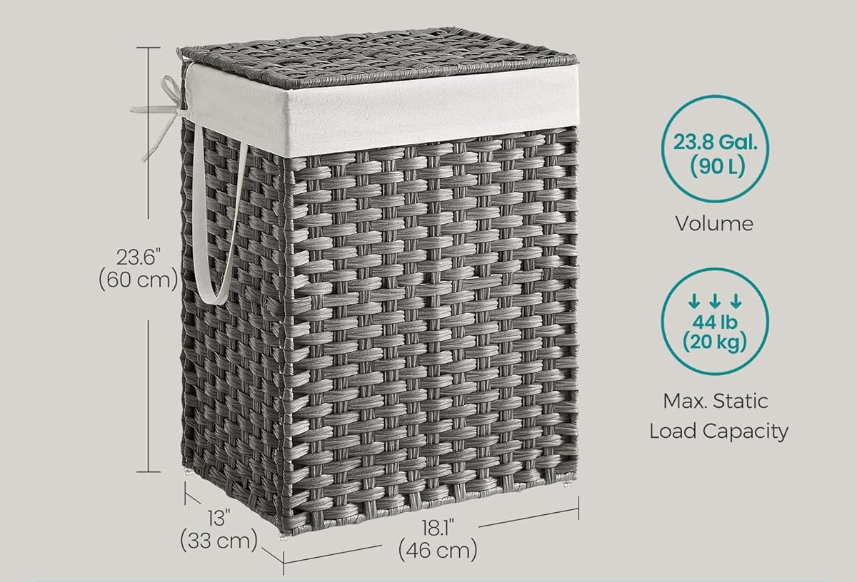 SONGMICS szennyestartó kosár fedéllel, szintetikus rattanból, kivehető zsákkal, 90 L, 46x33x60 cm, szürke - Image 9