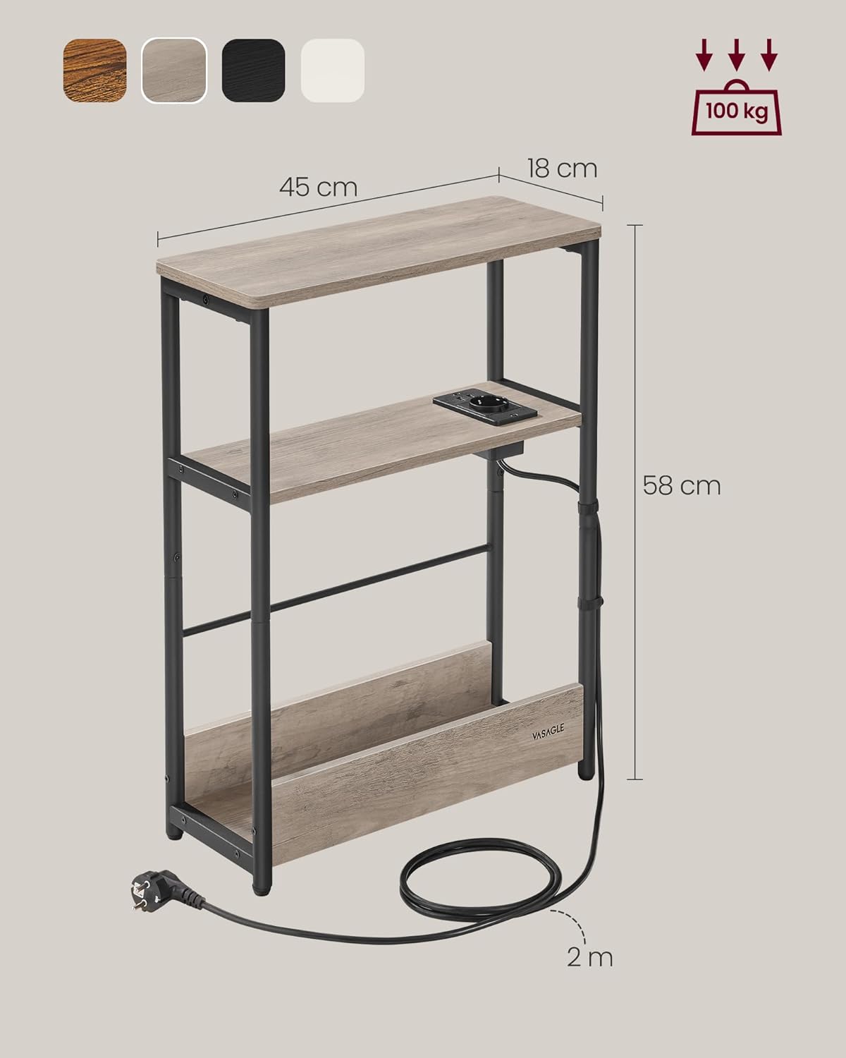 VASAGLE keskeny asztalka konnektorral és USB töltőportokkal, 3 polccal, 45x18x58 cm, szürke - Image 2