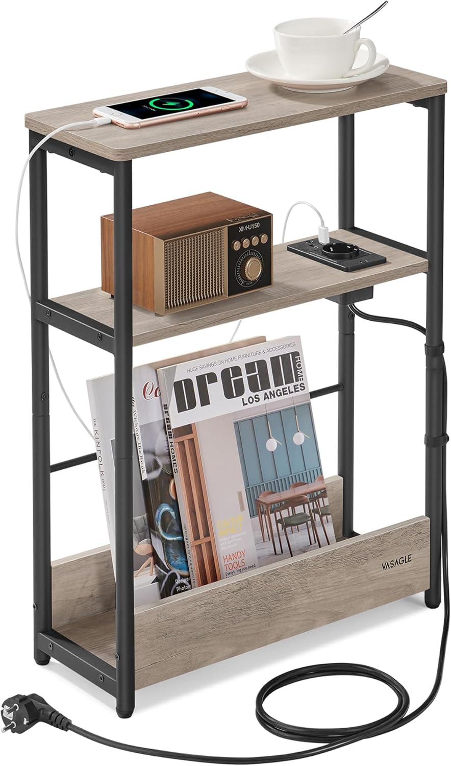 VASAGLE keskeny asztalka konnektorral és USB töltőportokkal, 3 polccal, 45x18x58 cm, szürke - Image 4