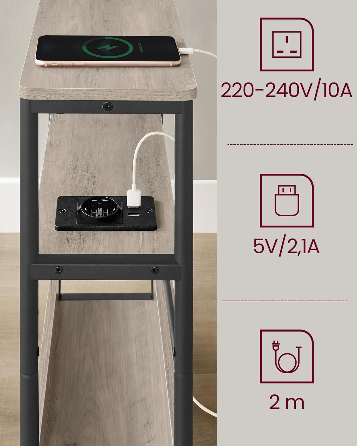 VASAGLE keskeny asztalka konnektorral és USB töltőportokkal, 3 polccal, 45x18x58 cm, szürke - Image 7