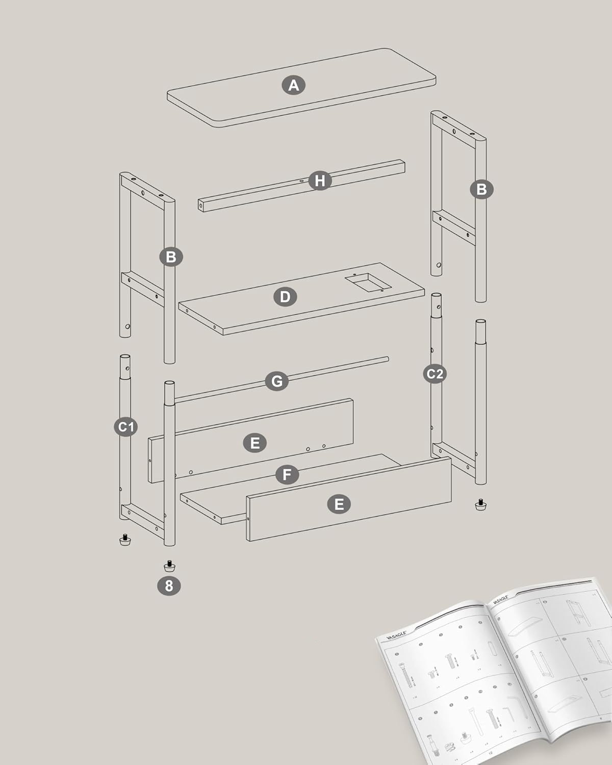 VASAGLE keskeny asztalka konnektorral és USB töltőportokkal, 3 polccal, 45x18x58 cm, szürke - Image 8