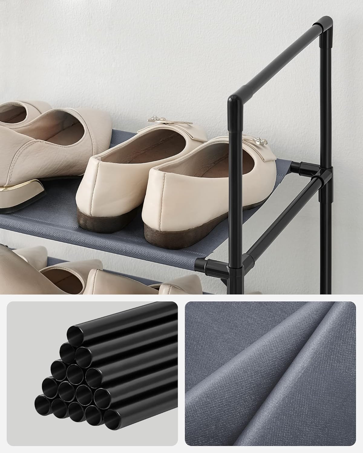 SONGMICS cipőtartó állvány 10 szinttel, fém vázzal és textil polcokkal, 33x33x173 cm, szürke - Image 5