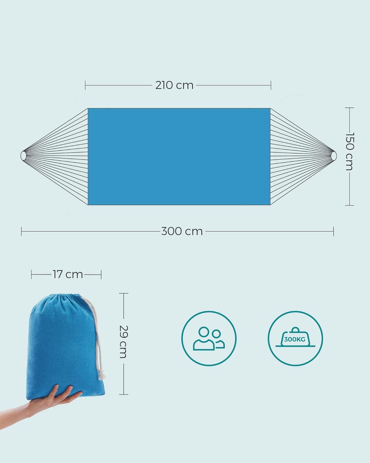 SONGMICS dupla függőhinta, rögzítőpántokkal és karabinerekkel, 210x150 cm, 300 kg teherbírás, kék - Image 2
