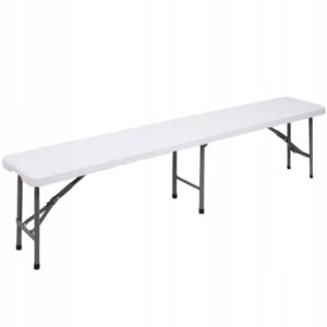 Összecsukható pad fogantyúval, HDPE és fém vázzal, 180x30x43 cm, fehér/szürke