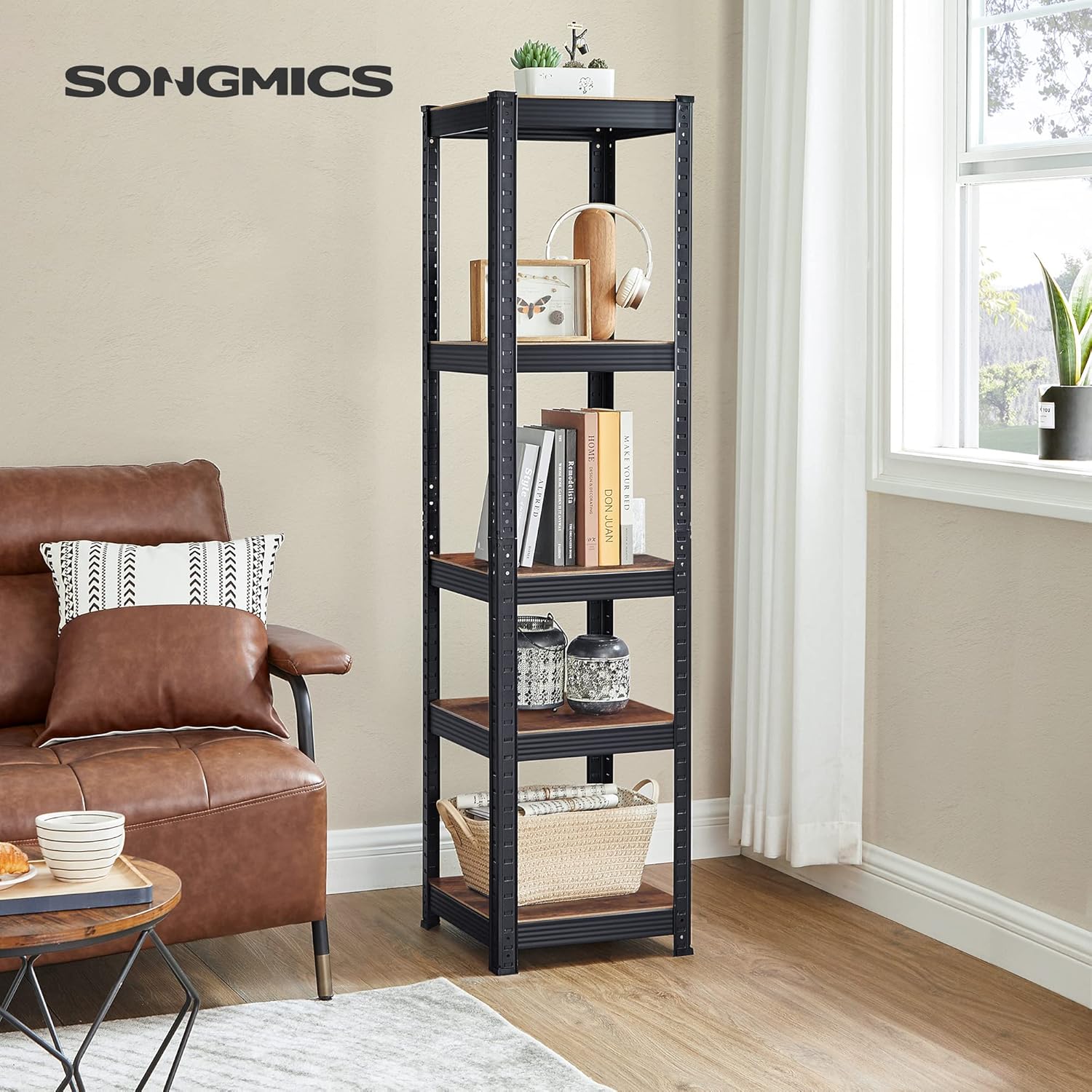 SONGMICS Etajera 5 rafturi ajustabile, structura metalica, stil industrial, MDF, 37x37x150 cm, maro si negru - Image 7