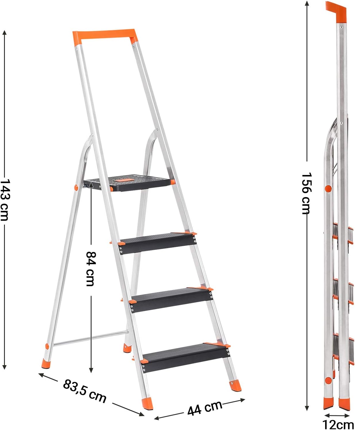 SONGMICS 4 fokos összecsukható alumínium létra, 12 cm széles lépcsőfokokkal, fogantyúval, 150 kg terhelhetőséggel, 44x156 cm - Image 2