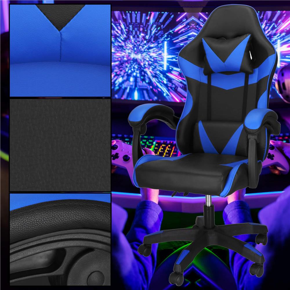 Irodai gamer szek, ergonomikus, derektamasszal es fejtamasszal, 114-123x55x50 cm, fekete es kek - Image 8