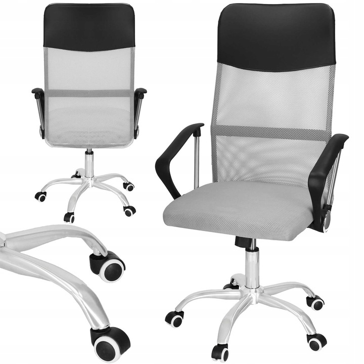Ergonomikus irodai szék magasságállítással, mesh és műbőr kárpittal, 58x60x117 cm, szürke - Image 2