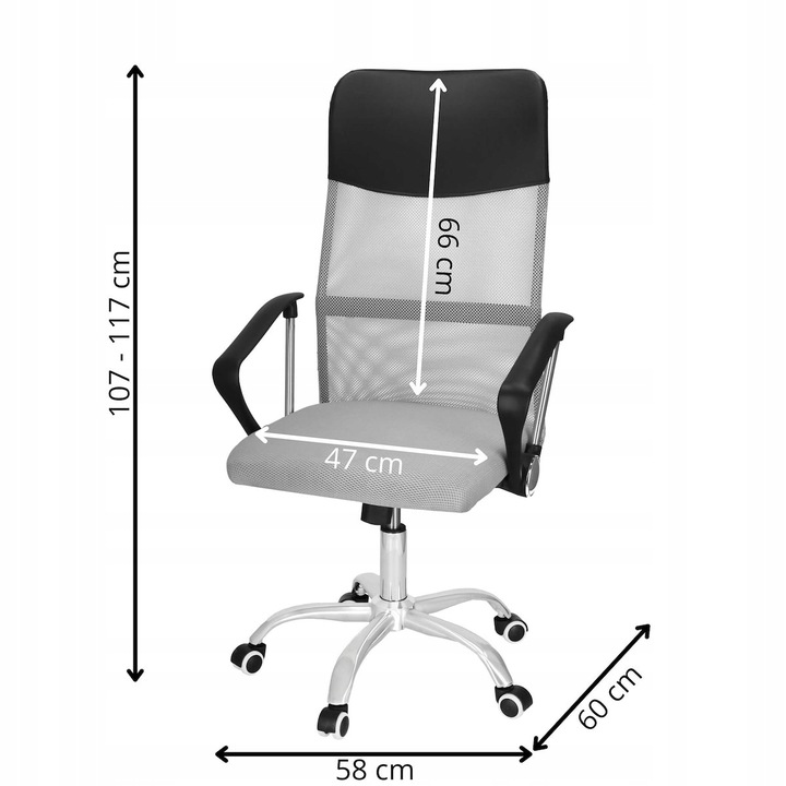 Ergonomikus irodai szék magasságállítással, mesh és műbőr kárpittal, 58x60x117 cm, szürke - Image 7