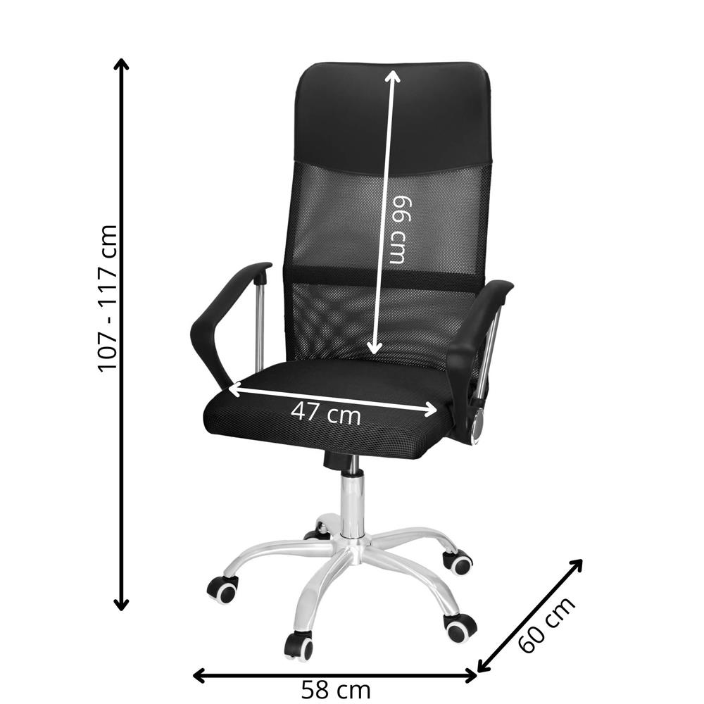 Állítható irodai szék, ergonomikus, légáteresztő mikrohálós háttámlával és krómozott fém talppal, 117x58x60 cm, fekete - Image 14