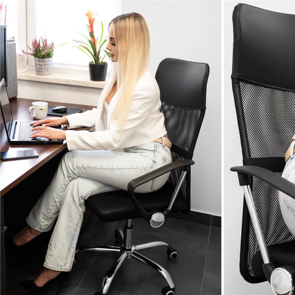 Állítható irodai szék, ergonomikus, légáteresztő mikrohálós háttámlával és krómozott fém talppal, 117x58x60 cm, fekete - Image 20