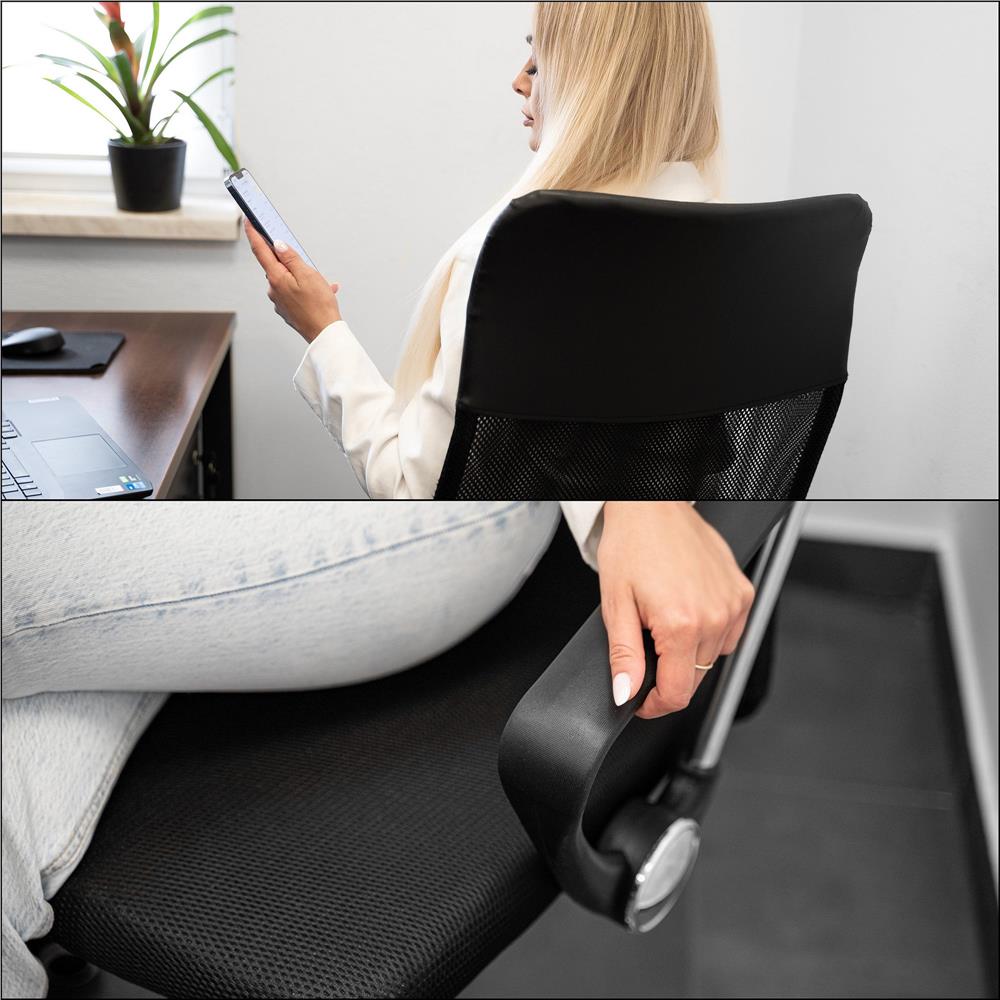 Állítható irodai szék, ergonomikus, légáteresztő mikrohálós háttámlával és krómozott fém talppal, 117x58x60 cm, fekete - Image 25