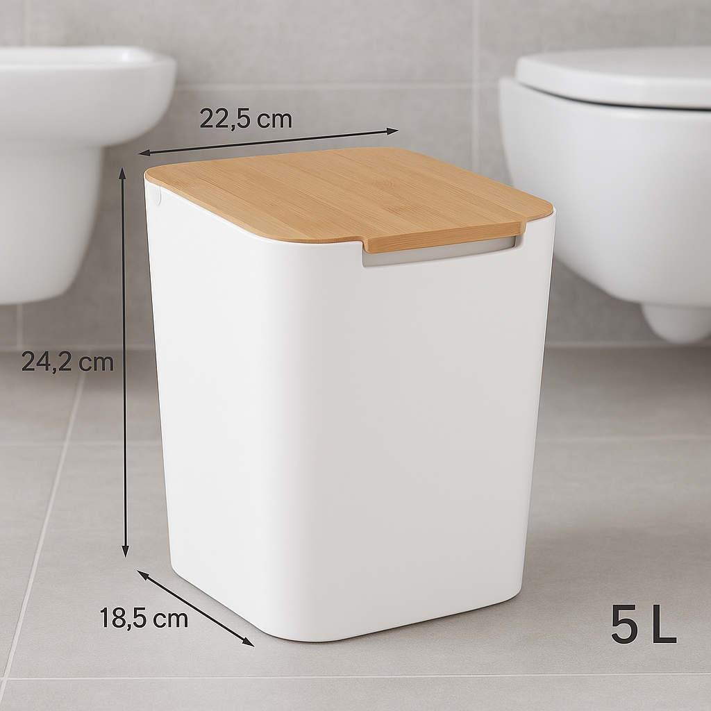 5Five Natureo szemetes kuka fedéllel, polipropilén és bambusz, 5 liter, 22x19x24 cm, fehér - Image 3
