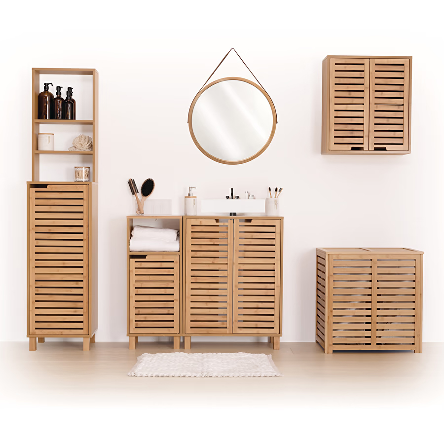 5Five Sicela fürdőszobaszekrény mosdó alá, ajtókkal és polcokkal, bambusz és MDF, 60x28x80 cm, natúr - Image 2