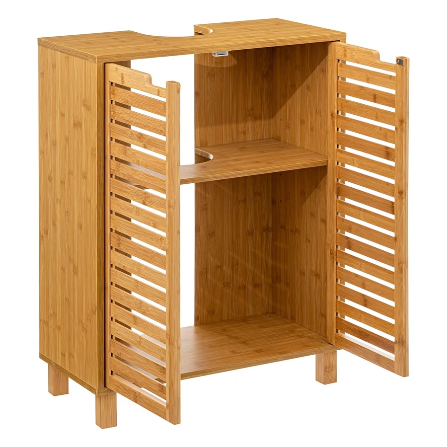 5Five Sicela fürdőszobaszekrény mosdó alá, ajtókkal és polcokkal, bambusz és MDF, 60x28x80 cm, natúr - Image 4