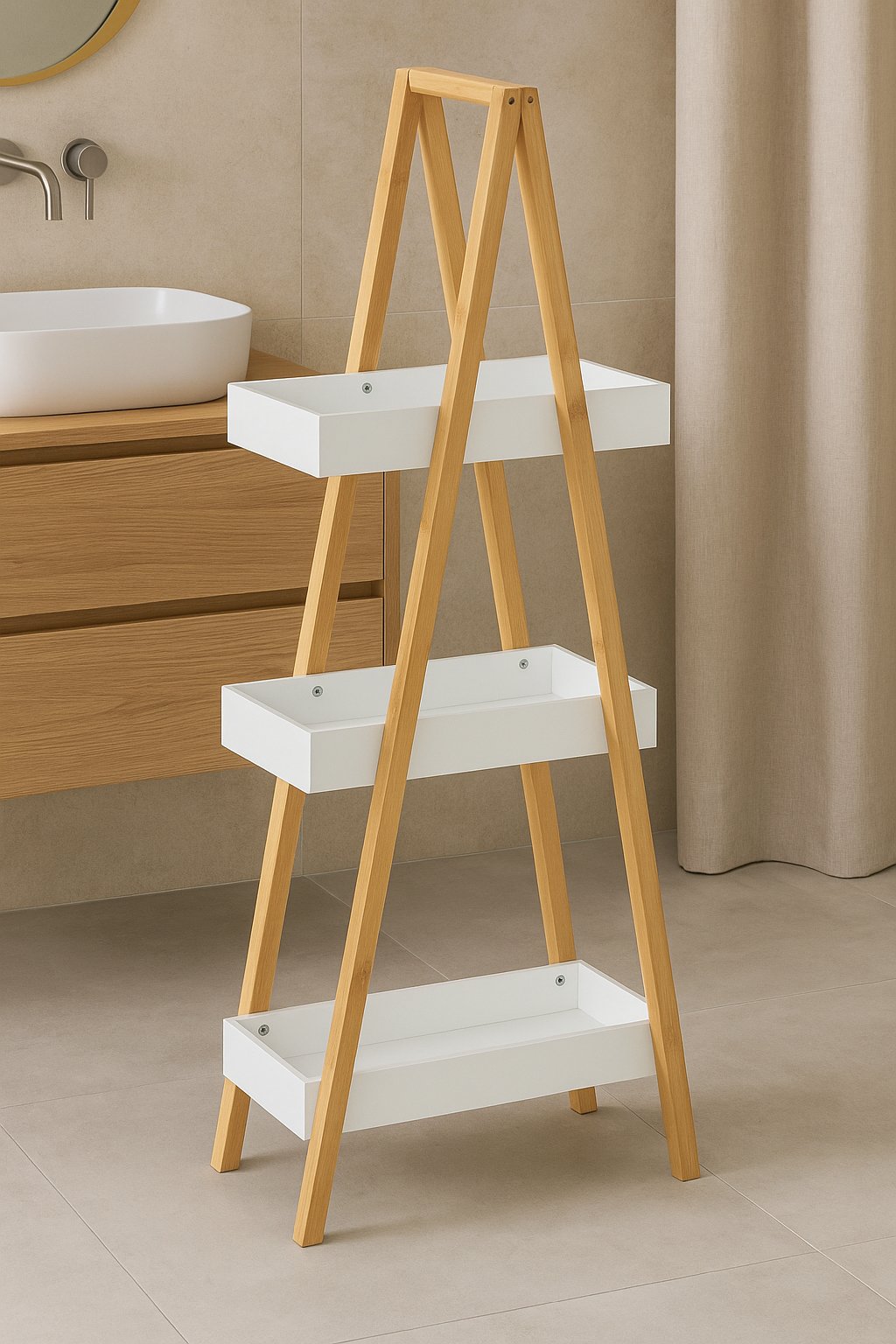 5Five Natureo polcos állvány 3 polccal, MDF és bambusz, 30x18x82 cm, fehér - Image 3