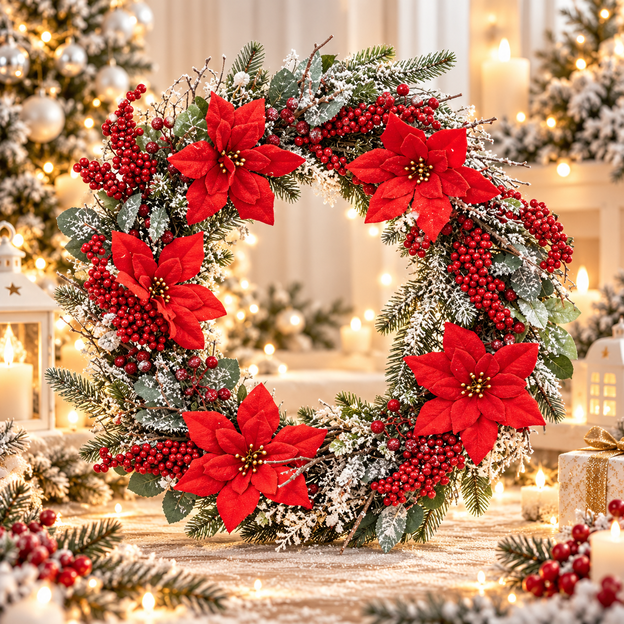 Karácsonyi díszkoszorú, poinsettia virágokkal, 50 cm átmérőjű, zöld és piros