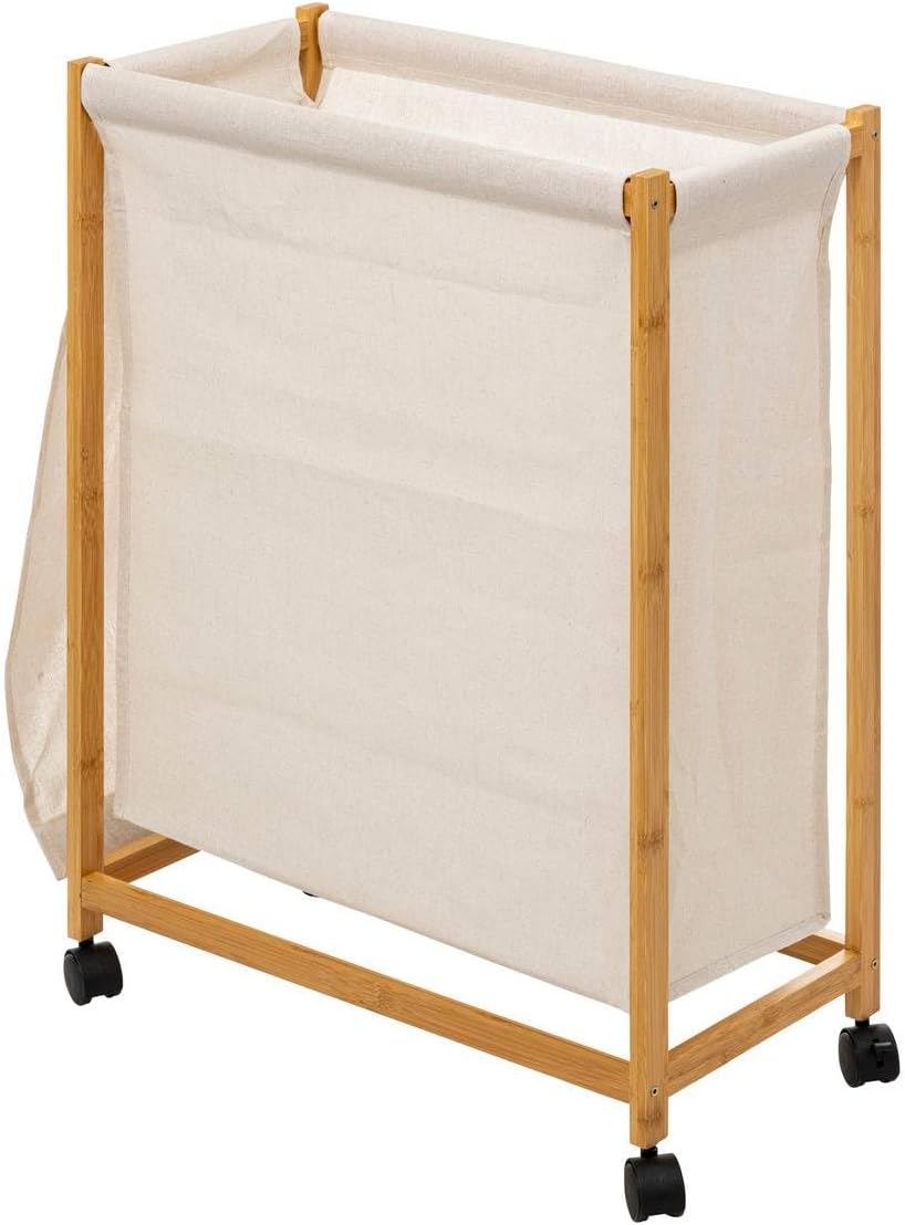 5Five Bambou szennyestartó kosár kerekeken, bambusz vázzal, 52 liter, 55x28x80 cm, bézs - Image 2