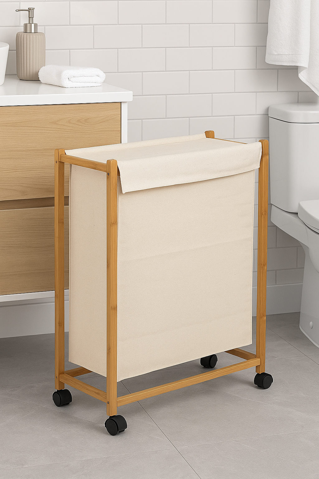 5Five Bambou szennyestartó kosár kerekeken, bambusz vázzal, 52 liter, 55x28x80 cm, bézs - Image 5