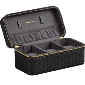 SONGMICS Ronne Collection ora doboz 3 ora szamara, fonott hatasu PU bor, 10x20x9 cm, fekete