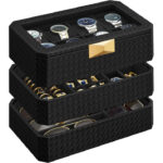 SONGMICS Ronne Collection oradoboz 8 rekesszel, fonott hatasu PU bor, 27x20x15 cm, fekete