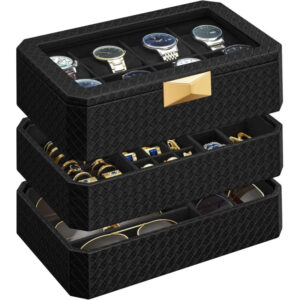 SONGMICS Ronne Collection oradoboz 8 rekesszel, fonott hatasu PU bor, 27x20x15 cm, fekete
